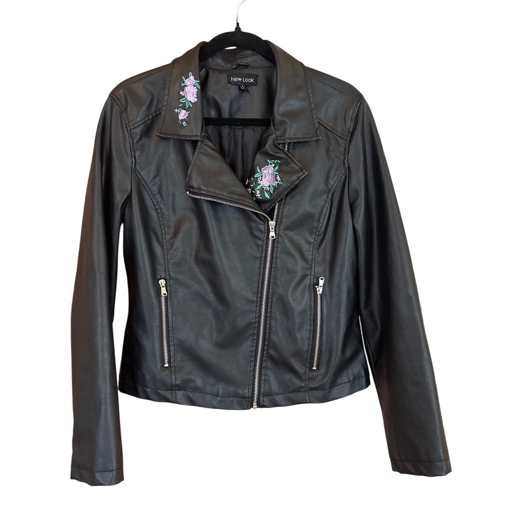 New Look Moto Jacket Women Black Floral Embroidered Faux Leather SIZE L‎